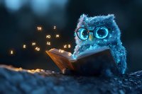 Magical glowing owl wearing glasses reads book at night with floating letters and sparkles, creating enchanted forest atmosphere for children stories and education.