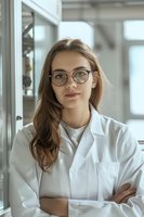 Young female medical professional in white coat and glasses standing with crossed arms near window, confident expression and natural makeup, light interior background.