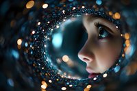 Female face in profile through kaleidoscopic tunnel effect with glowing blue and gold bokeh lights creating dreamy, ethereal atmosphere for creative portrait photography.