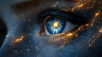 Mesmerizing close-up of blue eye with cosmic galaxy reflection and golden light sparkles, creating magical fantasy atmosphere for creative projects and designs.