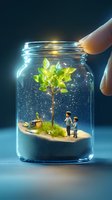 Magical miniature world in glass jar showing father and son standing under glowing tree with sparkles, creating enchanting environmental conservation scene.
