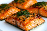 Grilled salmon fillets seasoned with fresh dill and black sesame seeds on white plate, close-up view showing moist, flaky texture and caramelized surface.