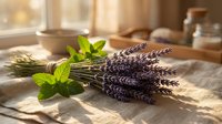 Fresh lavender and mint herbs bundle on rustic wooden table in warm sunlight, natural aromatherapy ingredients for spa treatments and herbal remedies.