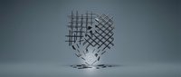 Abstract geometric wireframe cube structure shattering and fragmenting into pieces with dynamic motion effect on neutral background for design projects.