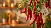 Fresh red chili peppers hanging on plant with green leaves in warm kitchen setting, organic spicy vegetables for cooking and culinary preparations.