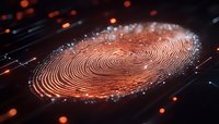 Digital fingerprint scan with glowing orange light effects and particle elements on dark background, representing biometric security technology.