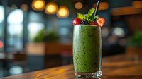 Fresh green smoothie with strawberries and mint garnish in glass on wooden table at modern cafe with warm bokeh lighting for healthy lifestyle content.