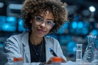 Female scientist with curly hair and glasses working in laboratory with test tubes and research equipment against blue-toned background.
