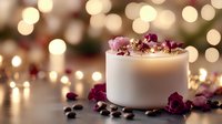 Elegant white candle adorned with dried rose petals and crystals against soft bokeh lights, creating cozy holiday ambiance.