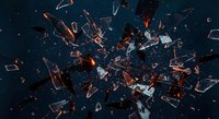 Shattered glass fragments exploding outward with dramatic lighting effects creating dynamic motion blur and sparkling reflections on dark background.