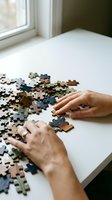 Person with medium skin tone assembling jigsaw puzzle pieces on white table near window, engaging in recreational activity for leisure and problem-solving entertainment.