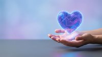 Digital heart with circuit patterns floating above open hands representing technology love and innovation in healthcare and AI development.