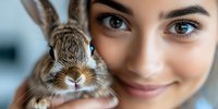 Young Hispanic woman with gentle smile holding adorable brown and white dwarf rabbit close to face, showing loving connection between human and pet in soft lighting.