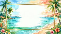 Tropical beach scene with palm trees, turquoise ocean waves, sandy shore, and colorful flowers framing a serene coastal landscape at sunset or sunrise.