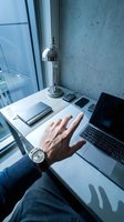 Modern businessman hand reaching toward laptop at glass desk in contemporary office with concrete wall and chrome lamp for business success concepts.