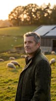 Mature Caucasian farmer in wool coat standing confidently on pastoral sheep farm during golden hour sunset with grazing flock and rustic barn in background.