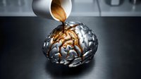 Liquid gold pouring into metallic brain sculpture on dark surface, symbolizing intelligence, innovation, creativity, knowledge transfer, and business success in modern workspace.