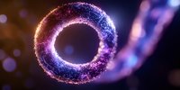 Glowing cosmic ring with sparkling particles in space, purple and blue luminous circle with bokeh effect and magical dust trail on dark background.