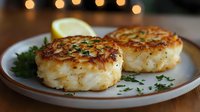 Golden brown crab cakes garnished with fresh herbs and lemon on white plate, selective focus with soft bokeh lights in background creating cozy atmosphere.