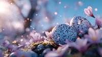 Speckled blue quail eggs nestled in moss surrounded by delicate pink spring blossoms and magical bokeh lights create dreamy nature composition.