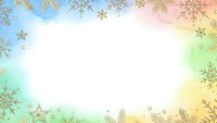 Festive winter frame with golden snowflakes and stars on pastel rainbow gradient background for holiday greeting cards and seasonal designs.