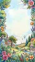 Watercolor floral frame with charming village, hot air balloons, cyclist, bridge, and copy space center for greeting cards and posters.