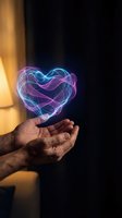 Glowing neon heart floating above cupped hands with vibrant blue and purple light trails creating magical energy effect on dark background.