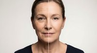 Middle-aged Caucasian woman showing aging process with half young half mature face comparison for skincare and anti-aging treatment concepts.