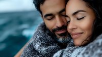 Young couple embracing intimately wrapped in cozy blanket by ocean water, romantic moment together showing love and connection during peaceful seaside getaway.