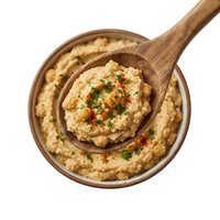 Creamy chickpea hummus in wooden bowl with spoon, garnished with paprika and parsley, isolated on white background for food styling and culinary design.
