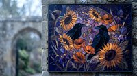 Black crow perched among vibrant sunflowers in decorative mosaic tile artwork for garden wall decoration and outdoor design projects.