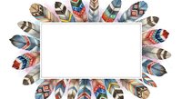 Colorful feathers arranged in a circular frame around white space, featuring tribal patterns, geometric designs, and watercolor textures. Isolated clipart ready for design projects, invitations, and creative layouts.