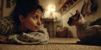 Young African American woman with curly hair lying on bed bonding with hairless sphynx cat in cozy warm bedroom interior with soft lighting atmosphere.