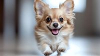Adorable long-haired Chihuahua puppy running with tongue out and happy expression. Small toy breed dog in motion with fluffy cream and tan coat indoors.