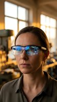 Female engineer wearing smart glasses with digital interface display in modern industrial workshop environment for technology and innovation concepts.