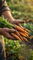 Farmer hands holding fresh organic carrots with green tops from garden harvest in natural outdoor setting for healthy eating and agriculture.