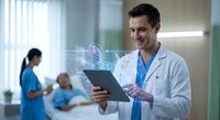 Male doctor using digital tablet with holographic medical interface in modern hospital setting with healthcare team in background.