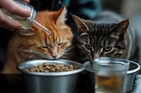 Ginger and gray tabby cats eating from metal bowls while owner adds supplement drops. Close-up view of feline mealtime showing pet care and nutrition.