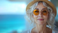 Mature woman with silver curly hair wearing straw hat and yellow sunglasses smiling against blurred turquoise ocean background, radiating joy and confidence.