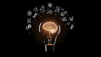 Glowing light bulb with brain inside surrounded by science and innovation icons on dark background representing creativity and intelligent solutions.
