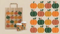 Autumn pumpkin pattern design with colorful harvest vegetables in orange, green and coral tones on beige background for seasonal decoration projects.