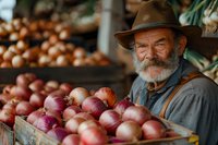 Senior farmer in brown hat and overalls displaying fresh red onions at local market stall, surrounded by wooden crates of organic produce.