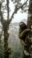 Three-toed sloth climbing tree trunk in misty tropical rainforest with epiphytes and bromeliads creating natural wildlife habitat scene.