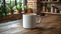 White ceramic coffee mug with fresh brewed coffee on rustic wooden table near window with houseplants, creating cozy morning atmosphere in cafe setting.