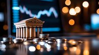 Miniature classical building on stack of coins against financial chart background with bokeh lights, representing banking sector and stock market trends.