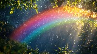 Vibrant rainbow appears through sunlit water drops and green foliage, creating magical atmospheric scene with natural light rays and bokeh effect in summer garden.