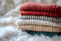 Folded knit sweaters in warm autumn tones stacked on soft white fur, showcasing cozy fall fashion and textile layering for seasonal wardrobe styling.