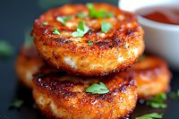 Crispy golden potato cakes stacked with fresh herbs and vibrant red dipping sauce on dark background, macro food photography highlighting texture and garnish.