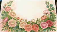 Watercolor floral frame with pink roses and ranunculus on soft peach background, copy space for text, wedding or greeting card design.