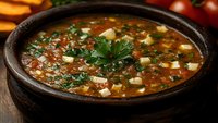 Hearty vegetable soup with herbs and beans in rustic clay bowl, garnished with fresh parsley for comfort food dining and healthy meal preparation.
